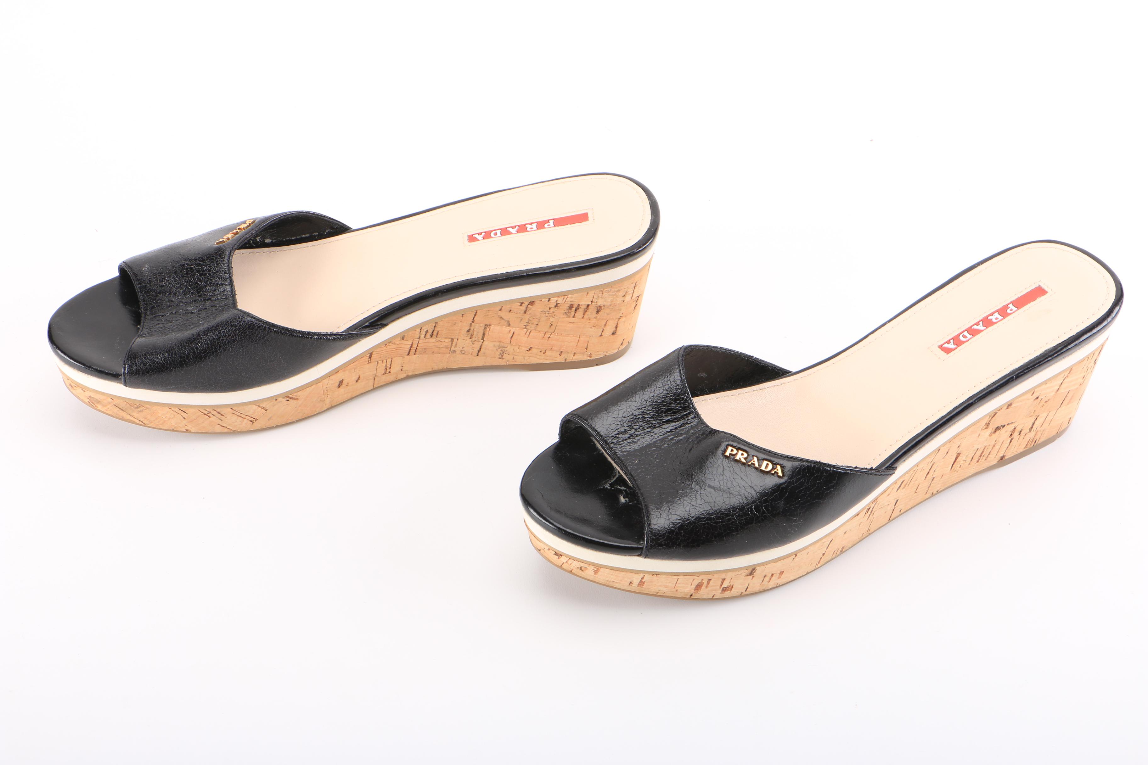 Prada Black Leather and Cork Platform Wedges