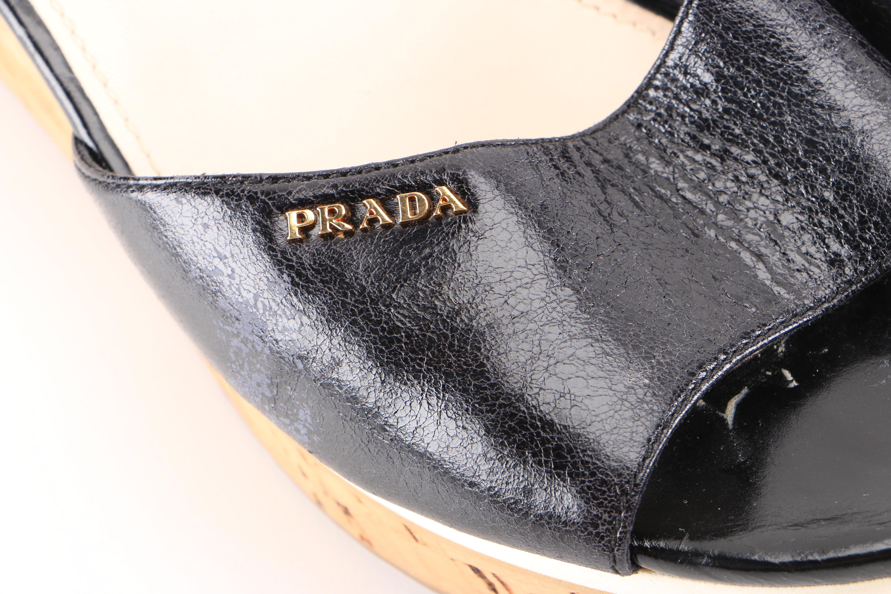 Prada Black Leather and Cork Platform Wedges