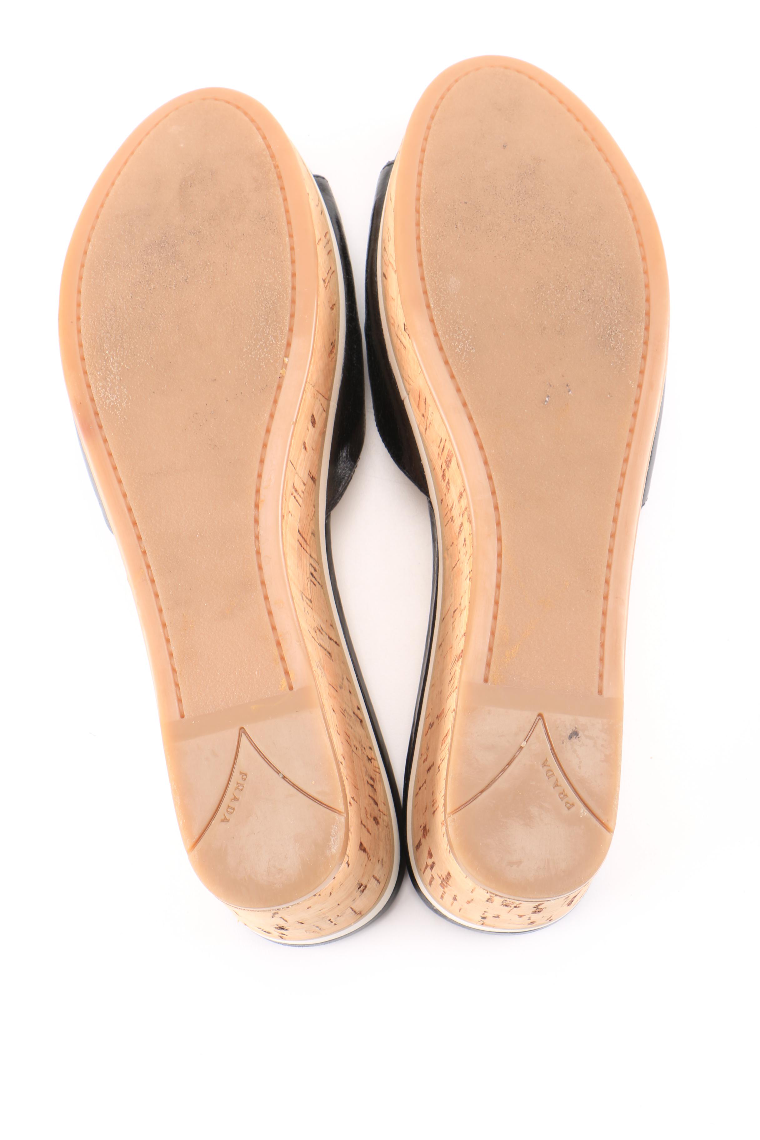 Prada Black Leather and Cork Platform Wedges