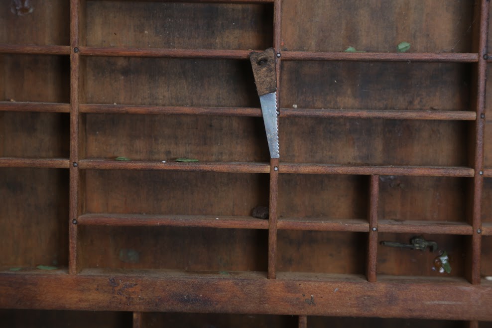 Printer's Tray and Vintage Fireplace Bellows