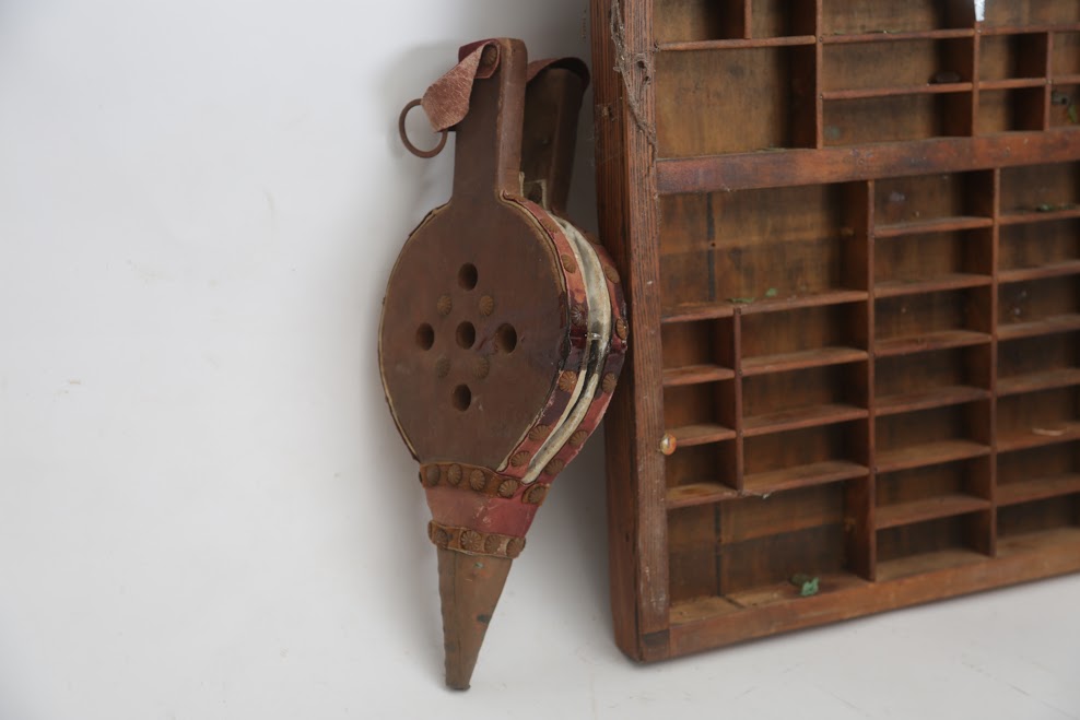 Printer's Tray and Vintage Fireplace Bellows