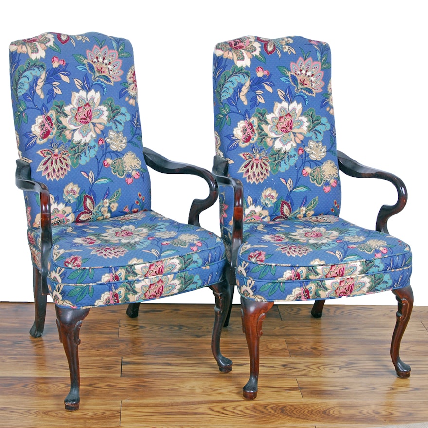 Pair of Queen Anne Style Upholstered Arm Chairs