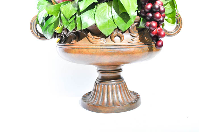 Footed Urn With Decorative Silk Flower And Fruit Arrangement