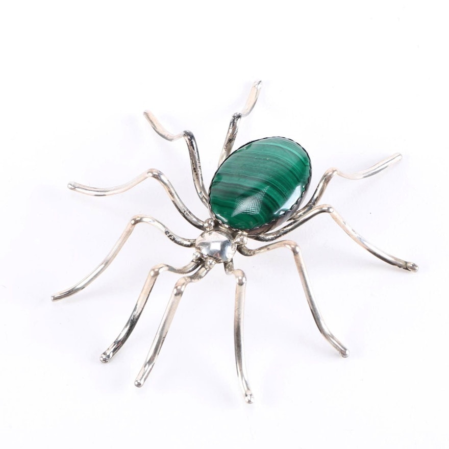 Sterling Silver Malachite Spider Brooch by E. Spencer