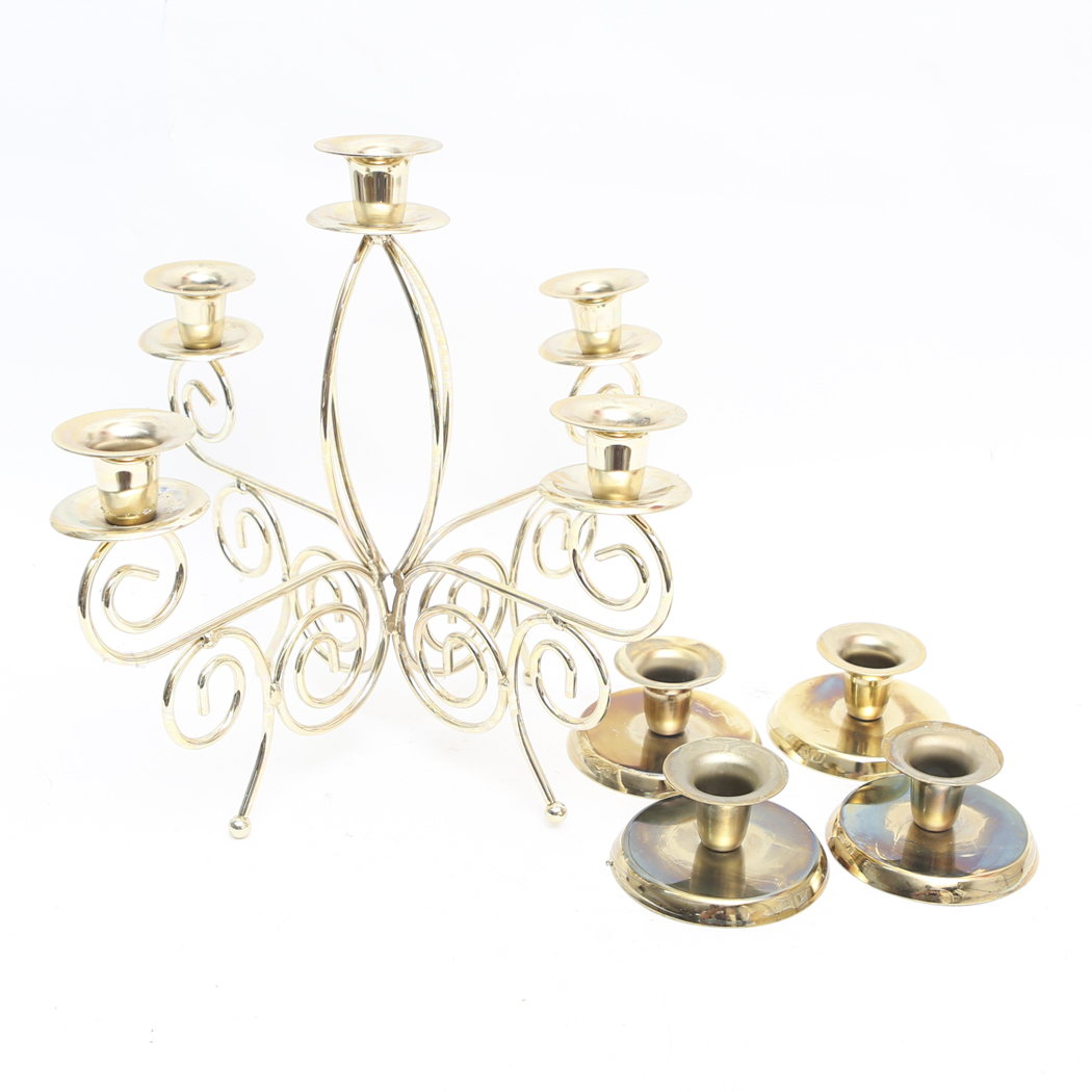 Brass Candelabra and Four Small Brass Candlesticks