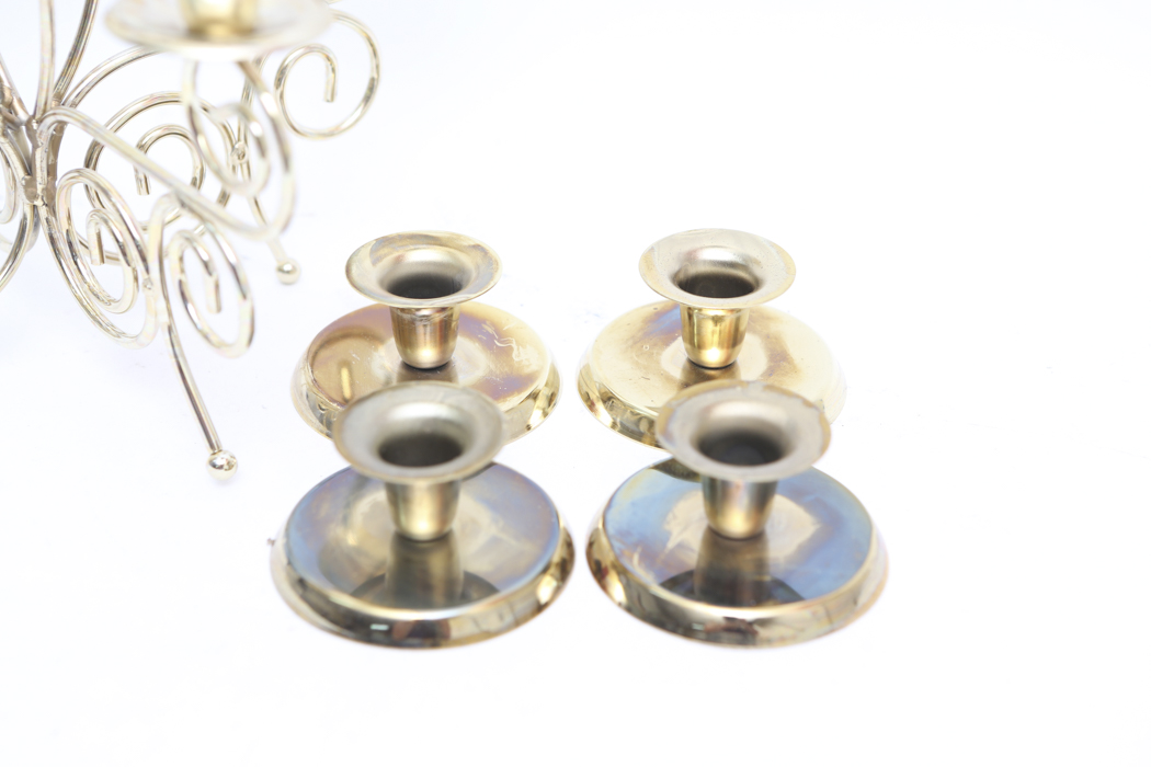 Brass Candelabra and Four Small Brass Candlesticks