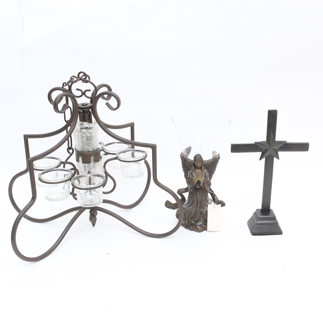 Large Metal Candelabra Chandelier and Figurines