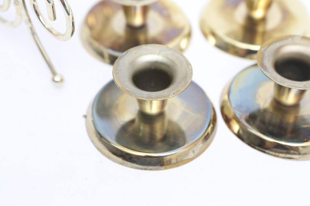 Brass Candelabra and Four Small Brass Candlesticks