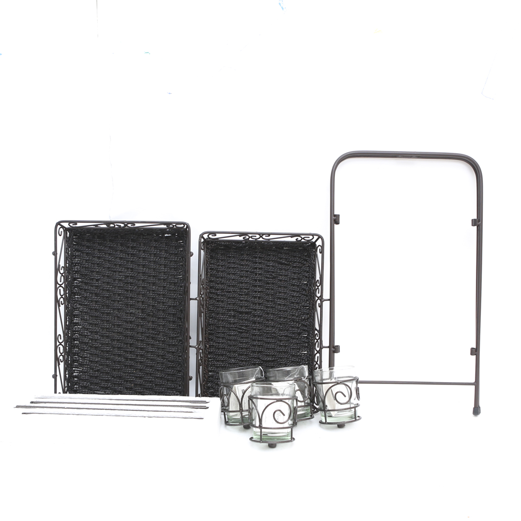 Set of Three Black Basket Trays and a Four Part Candelabra