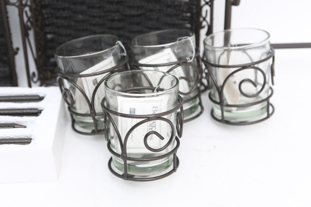 Set of Three Black Basket Trays and a Four Part Candelabra