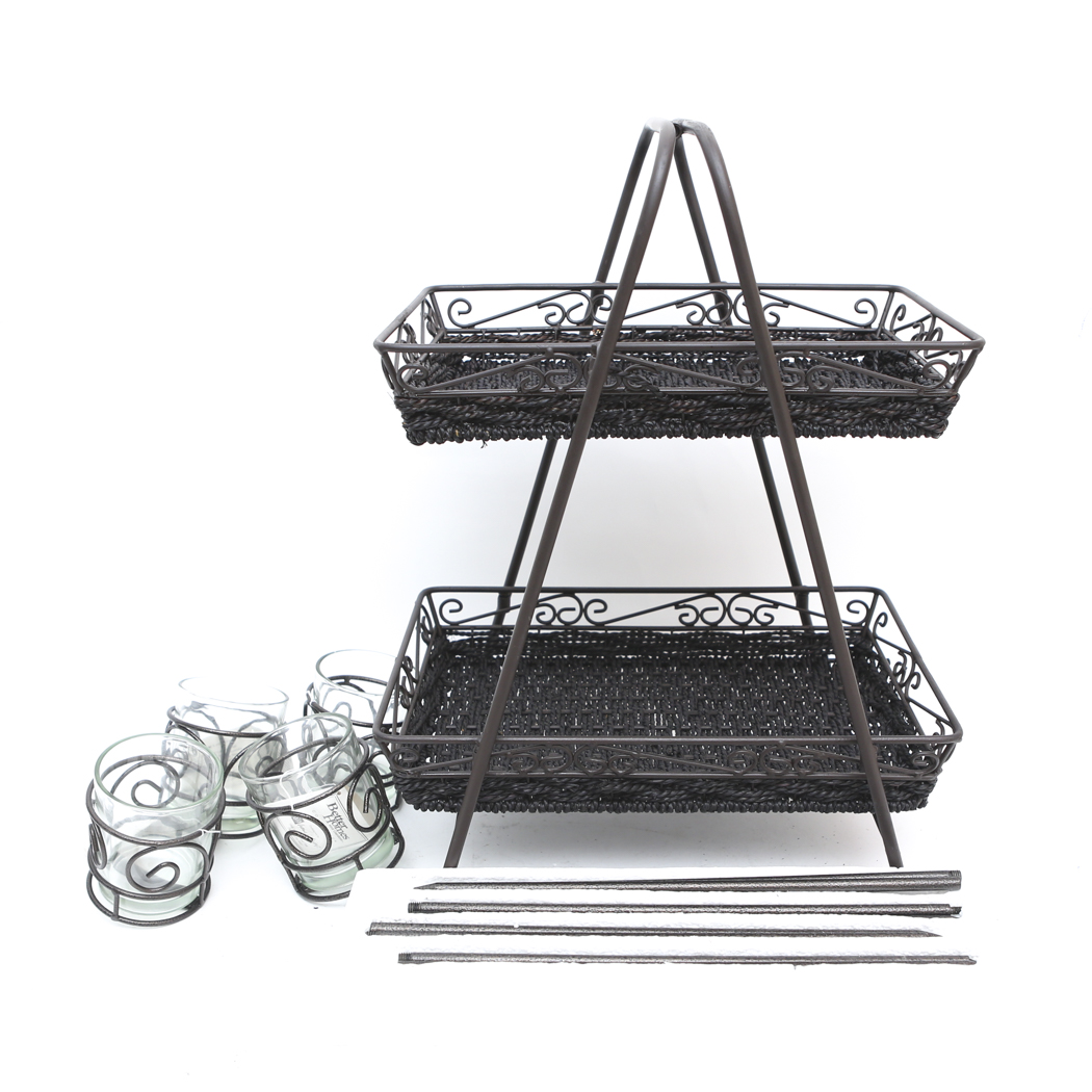Set of Three Black Basket Trays and a Four Part Candelabra
