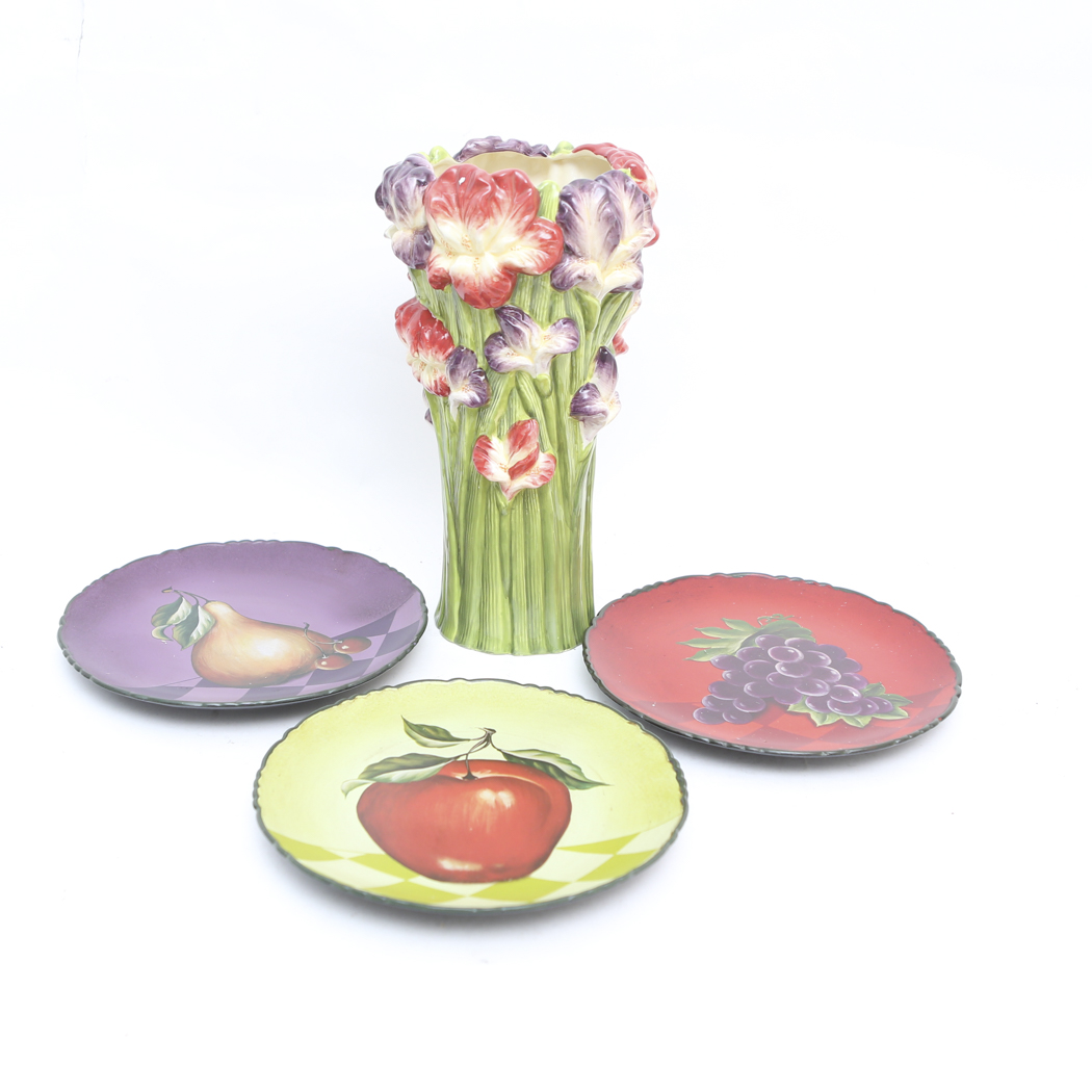 Flower Vase and Three Decorative Plates by Home Interiors