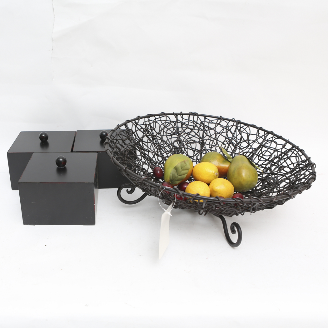 Set of Decorative Boxes and a Wire Basket