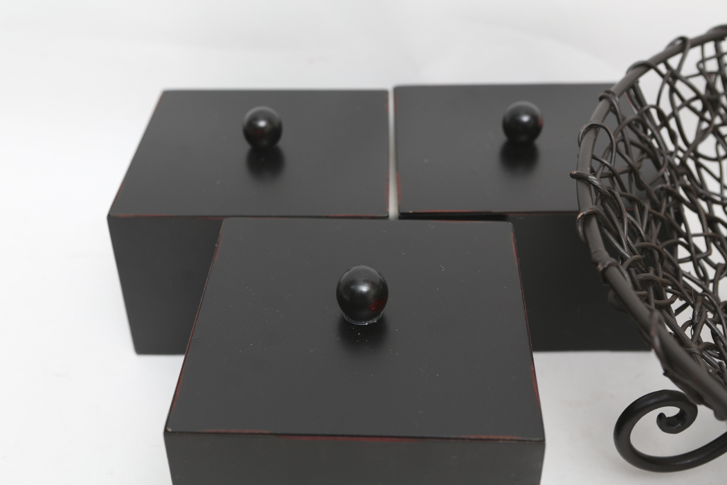 Set of Decorative Boxes and a Wire Basket