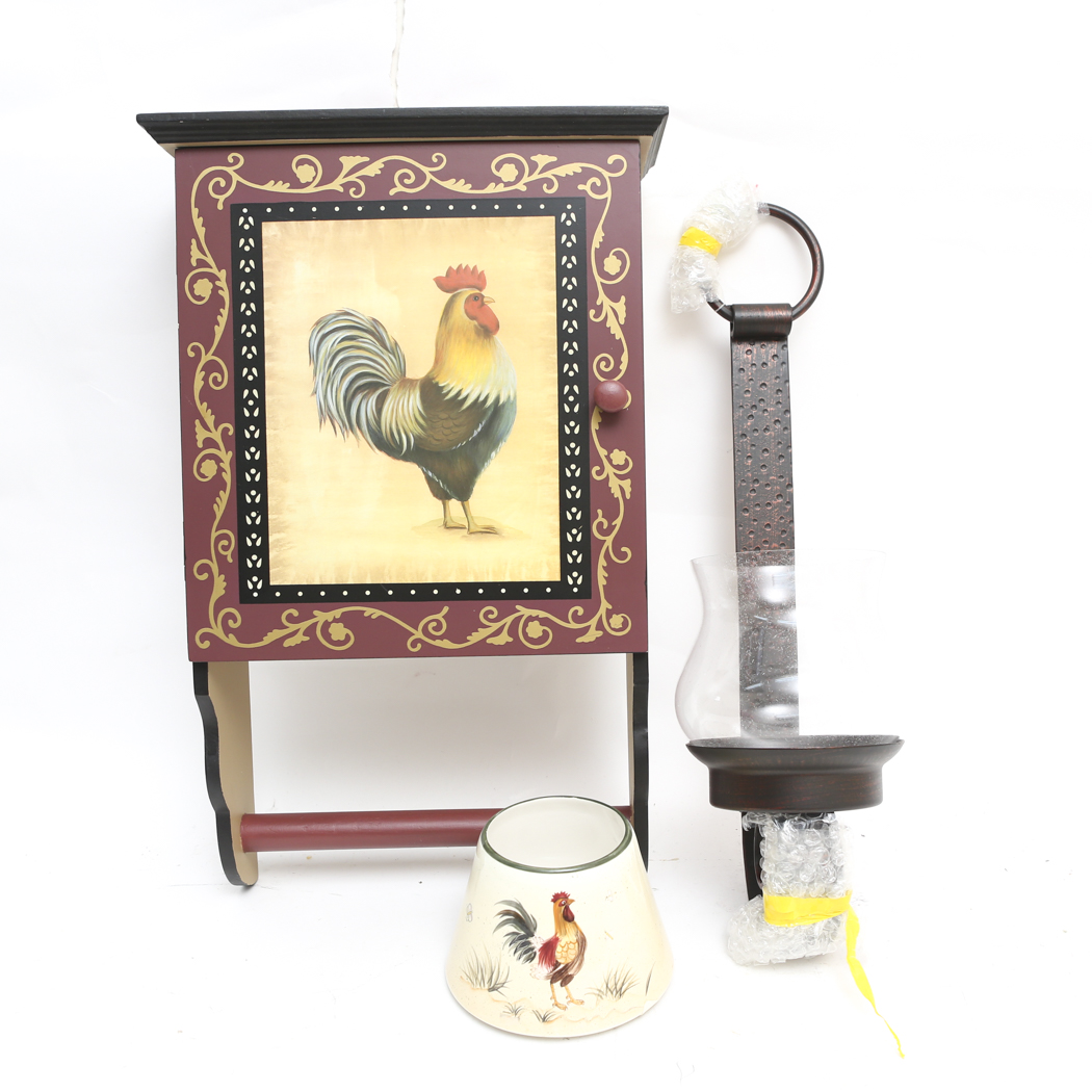 Painted Rooster Cabinet and Candle Wall Sconce