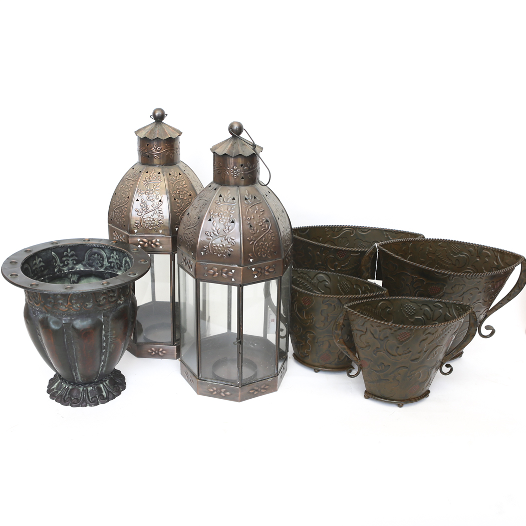 Collection of Bronzed Tone Metal Lanterns and Planters