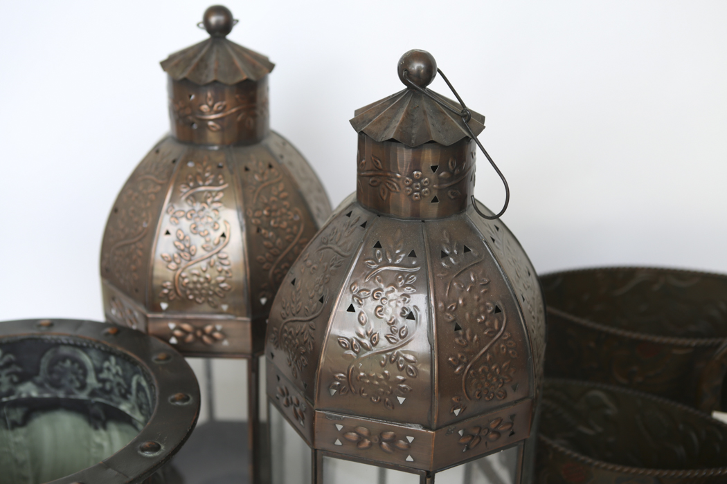Collection of Bronzed Tone Metal Lanterns and Planters