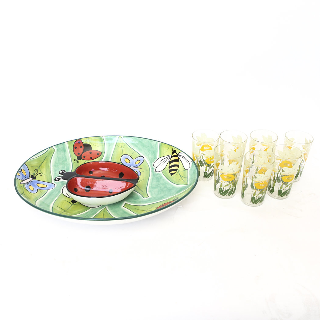 Two Piece Chip and Dip Plate and Yellow Flower Juice Glasses