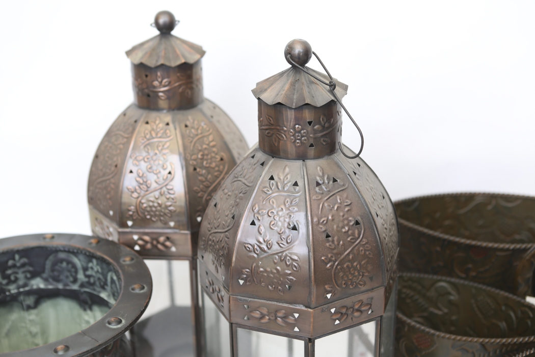Collection of Bronzed Tone Metal Lanterns and Planters