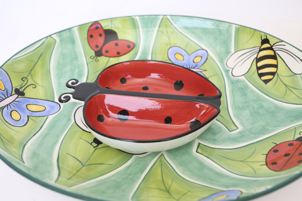 Two Piece Chip and Dip Plate and Yellow Flower Juice Glasses