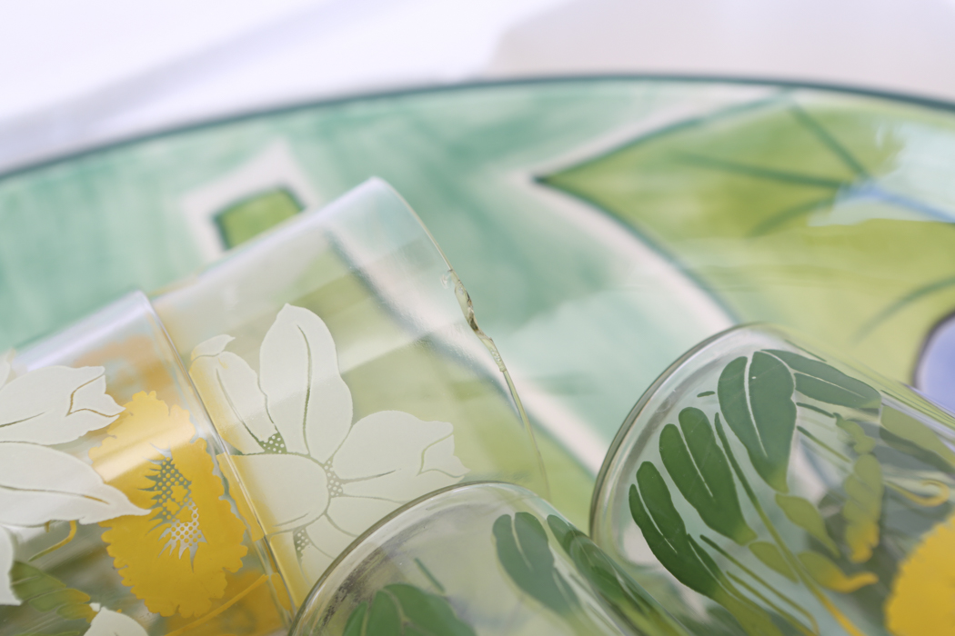 Two Piece Chip and Dip Plate and Yellow Flower Juice Glasses