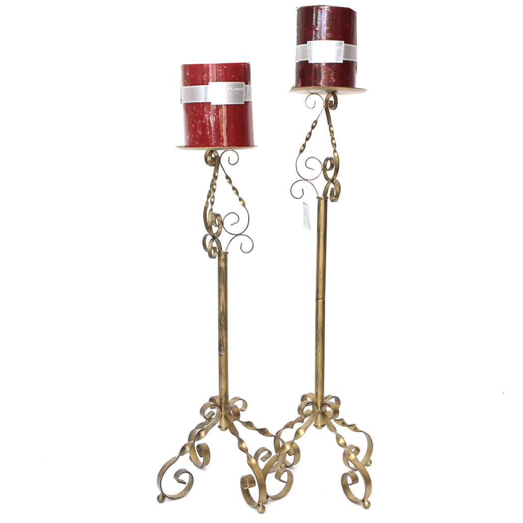Two Metal Scrolled Candle Holders with Pillar Candles