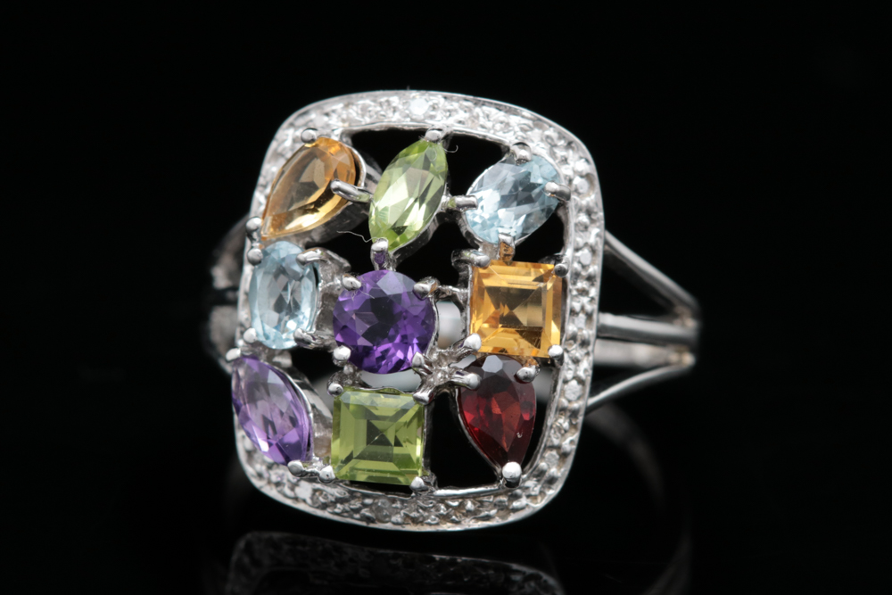 10K White Gold, Diamond and Multi Semi-Precious Gemstone Ring