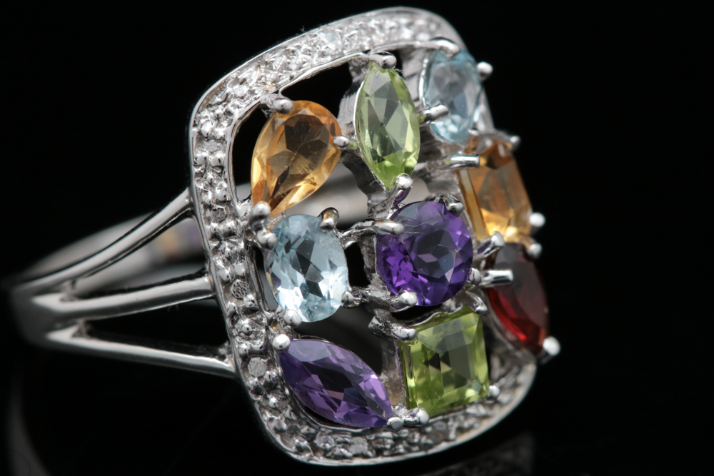 10K White Gold, Diamond and Multi Semi-Precious Gemstone Ring