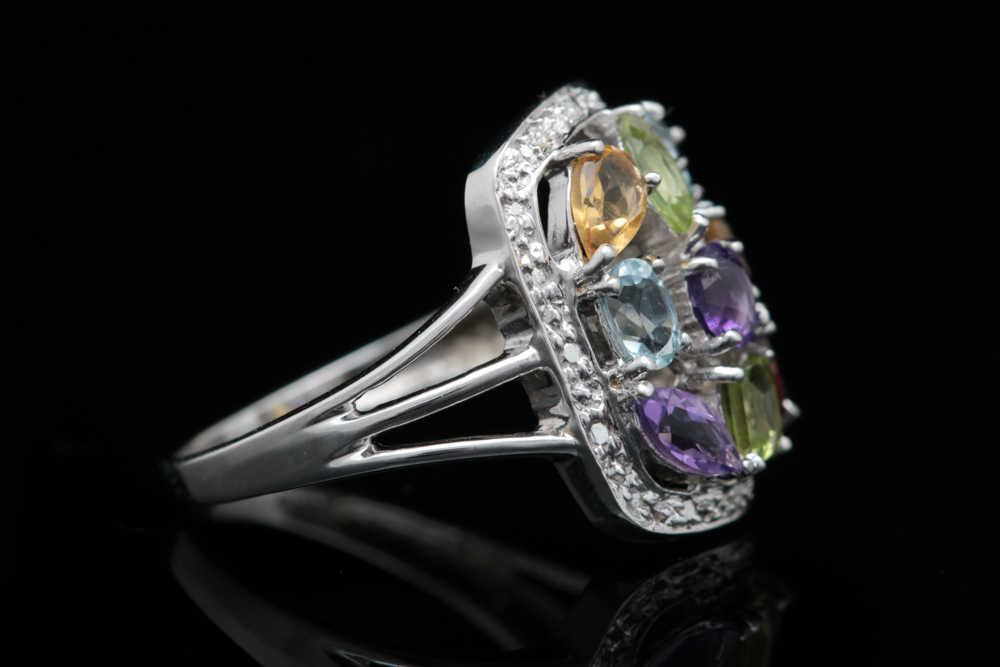 10K White Gold, Diamond and Multi Semi-Precious Gemstone Ring