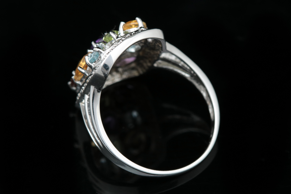 10K White Gold, Diamond and Multi Semi-Precious Gemstone Ring
