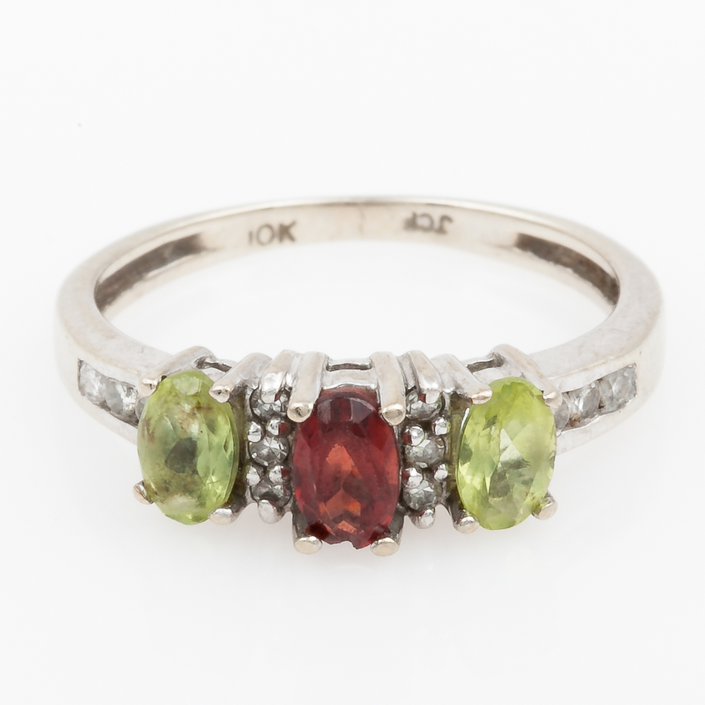 10K White Gold, Garnet, Peridot, and Diamond Ring