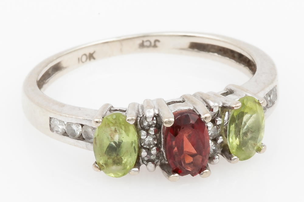 10K White Gold, Garnet, Peridot, and Diamond Ring