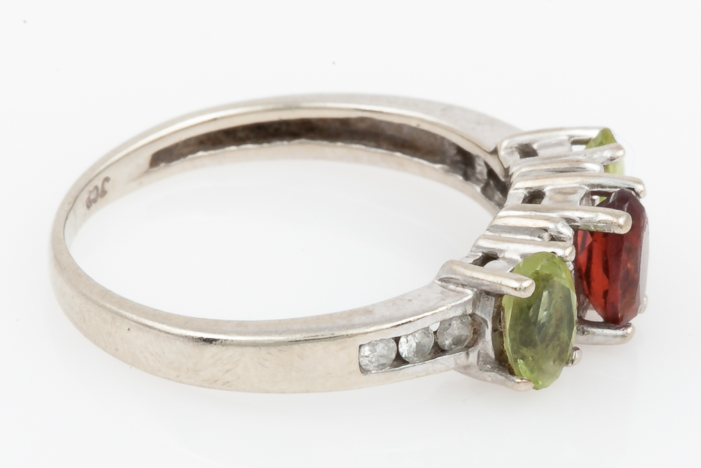 10K White Gold, Garnet, Peridot, and Diamond Ring