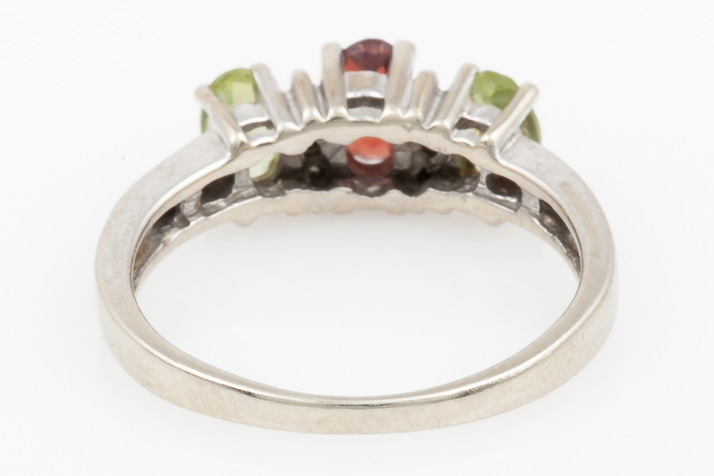 10K White Gold, Garnet, Peridot, and Diamond Ring