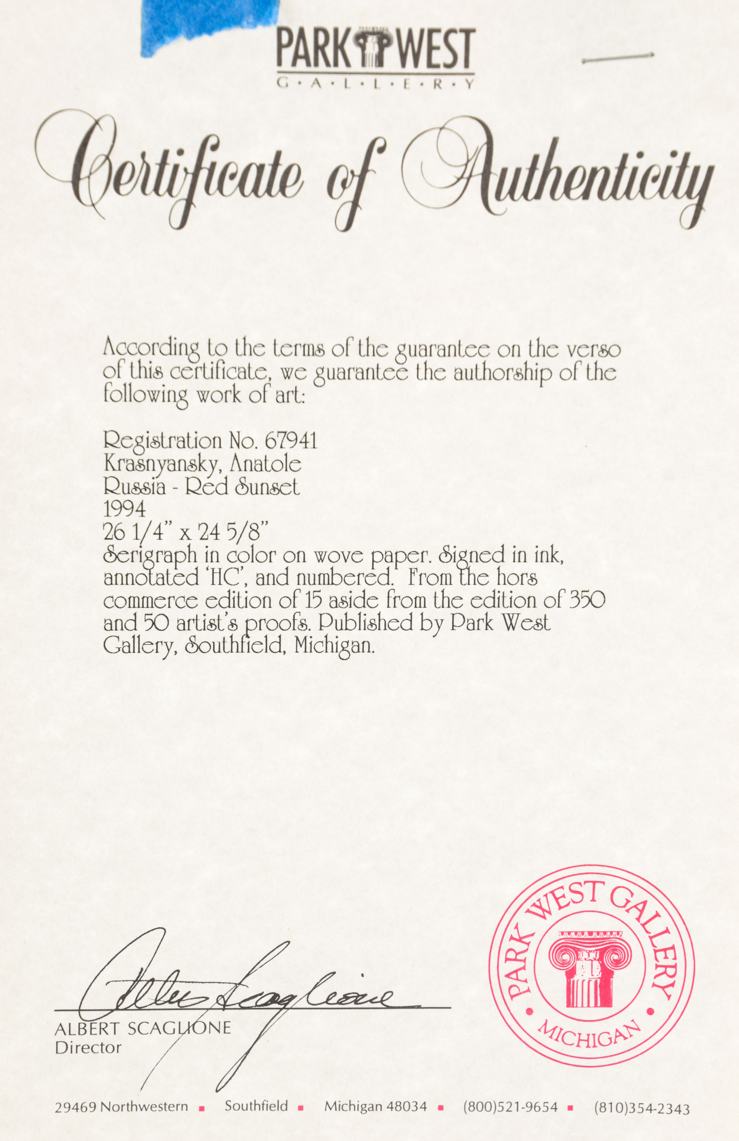 Anatole Krasnyansky Serigraph "Russia-Red Sunset"