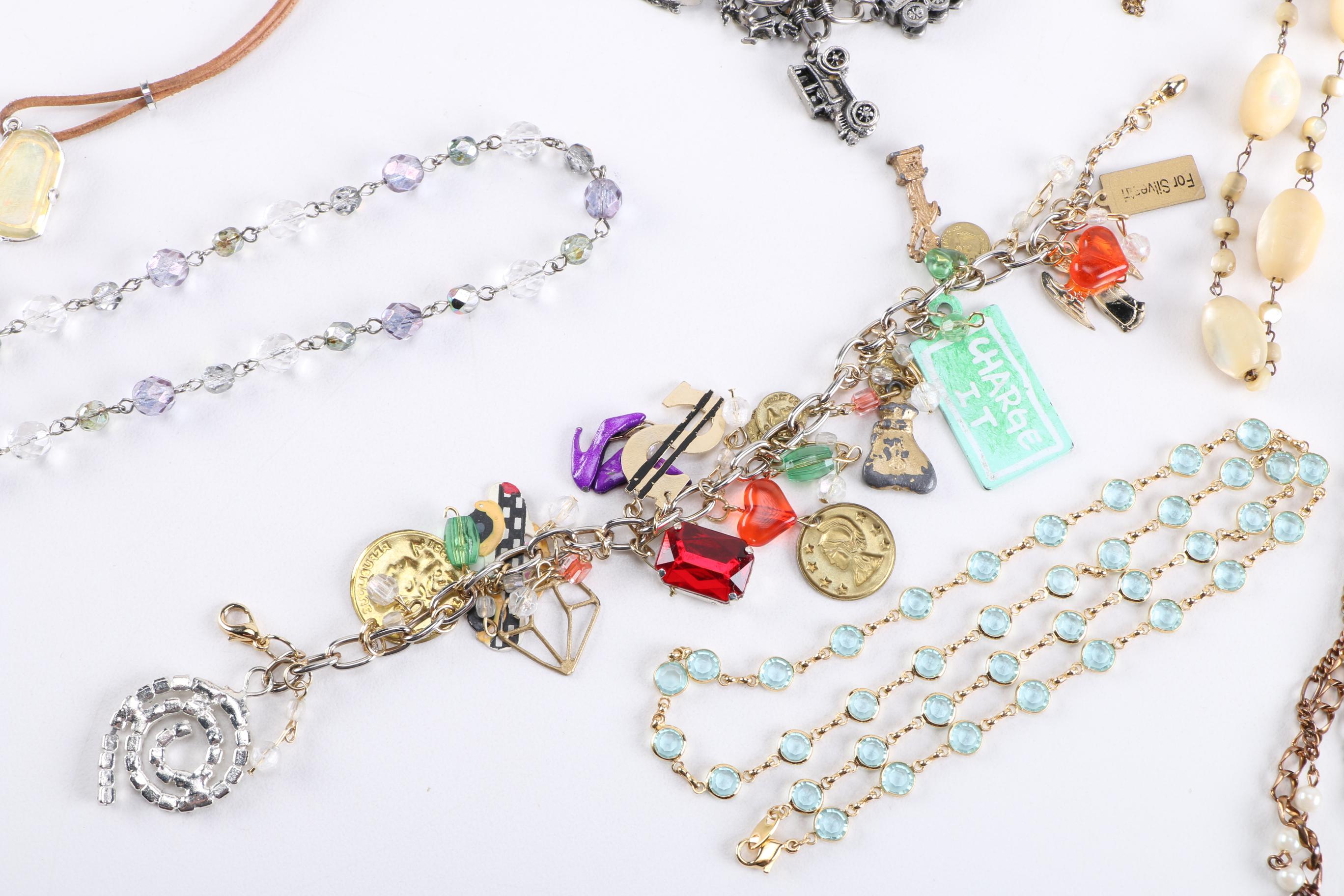 Costume Jewelry Assortment Including Charm Bracelets
