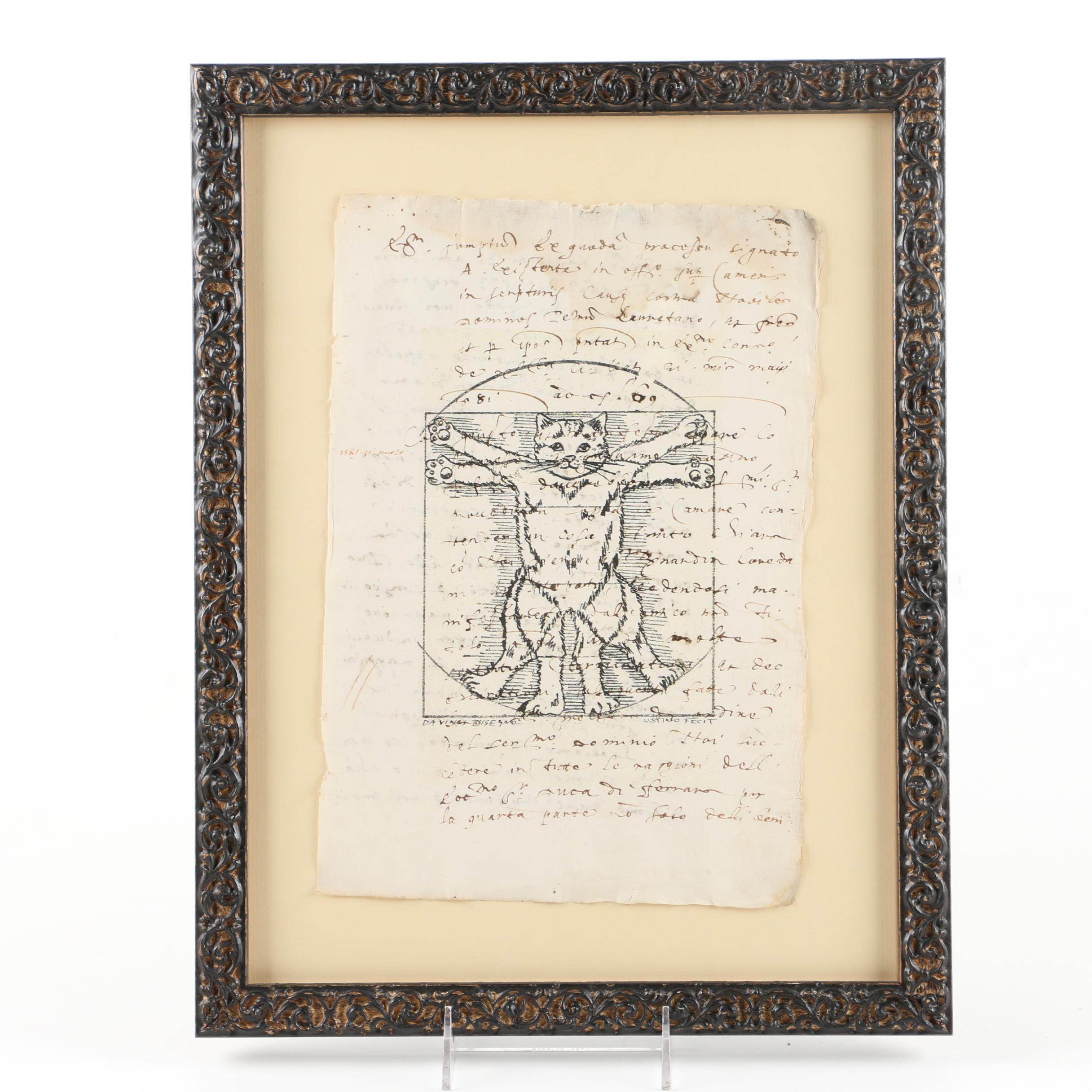 Cat Lithograph Inspired by Da Vinci's Vitruvian Man