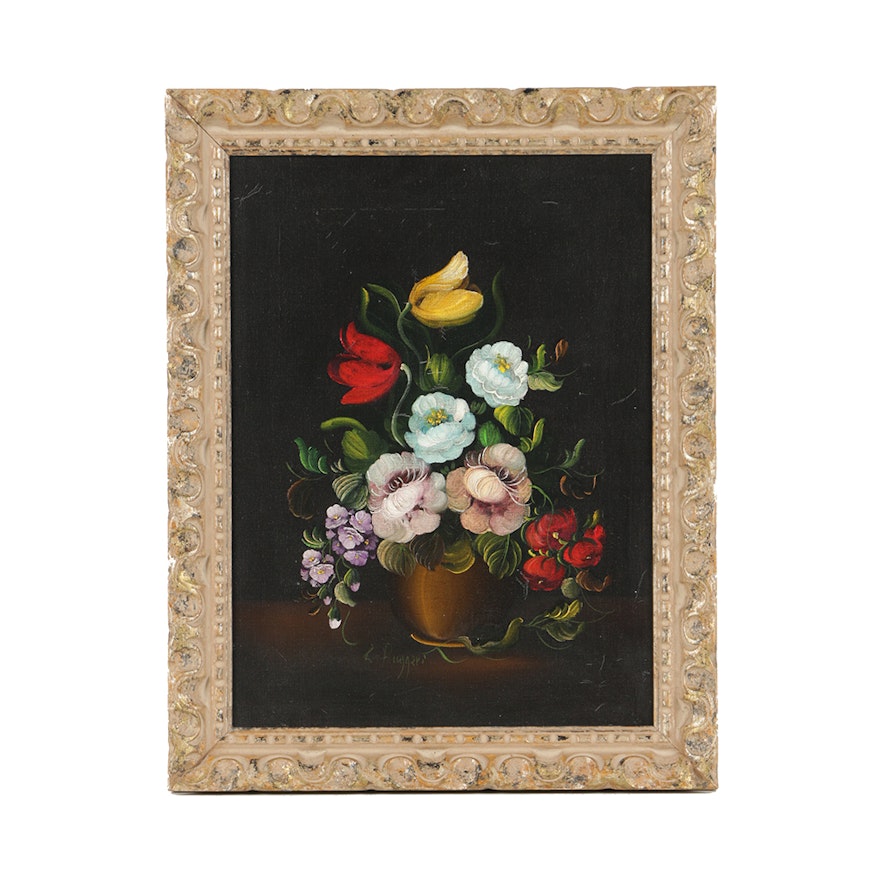 R. Ruggeri Oil Painting on Canvas Floral Still Life