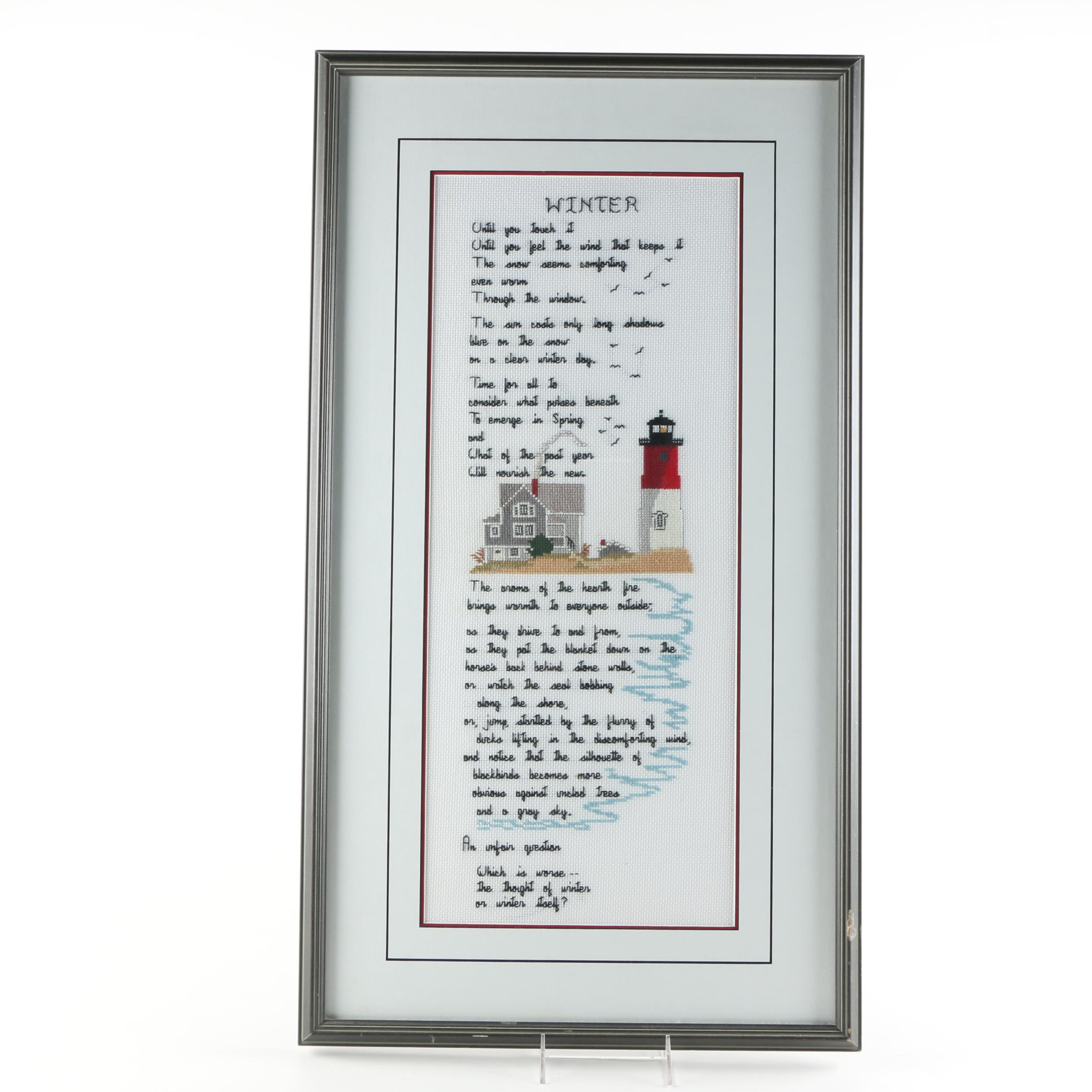 Cross Stitch of Lighthouse and "Winter" Poem