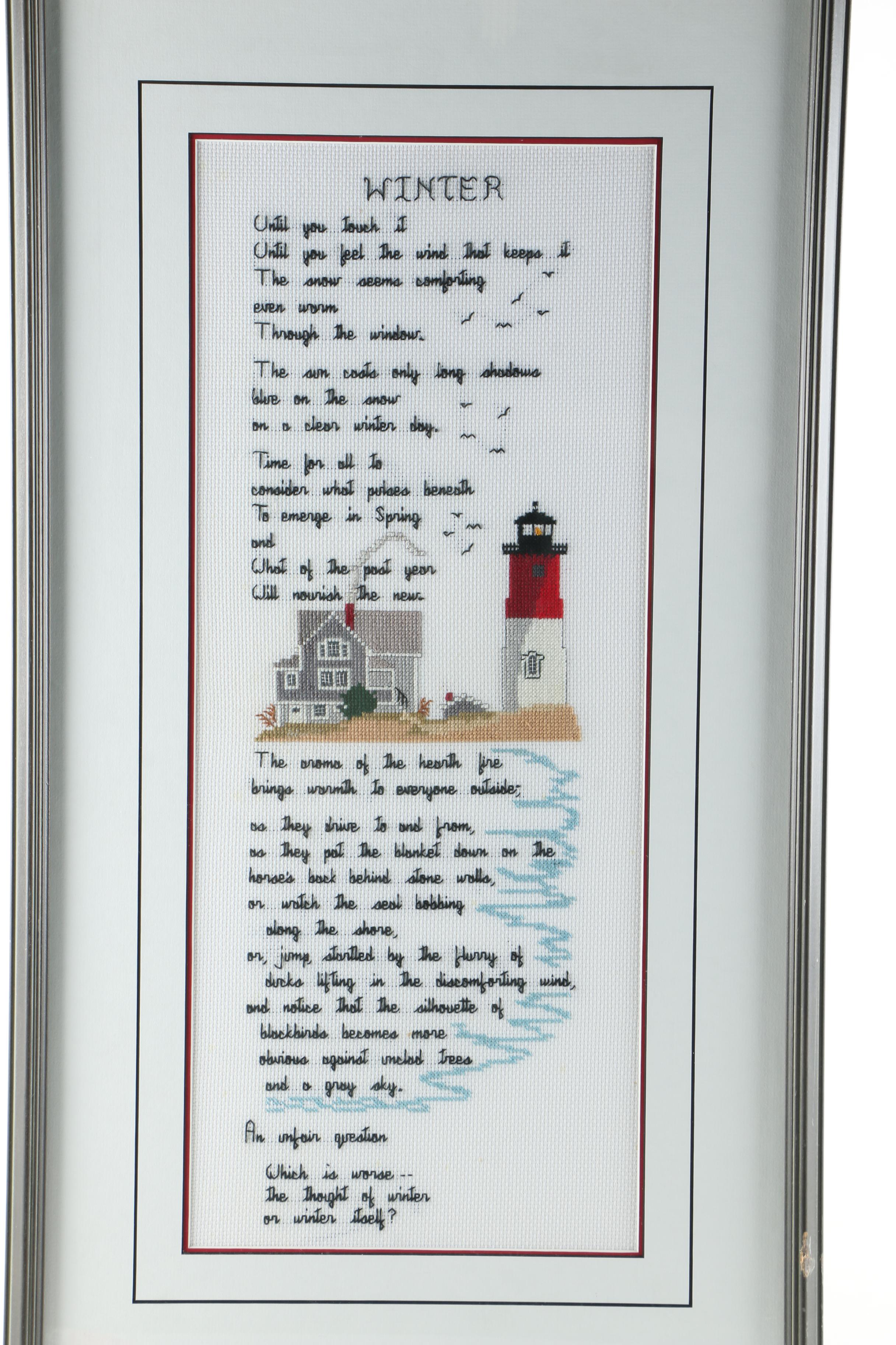 Cross Stitch of Lighthouse and "Winter" Poem