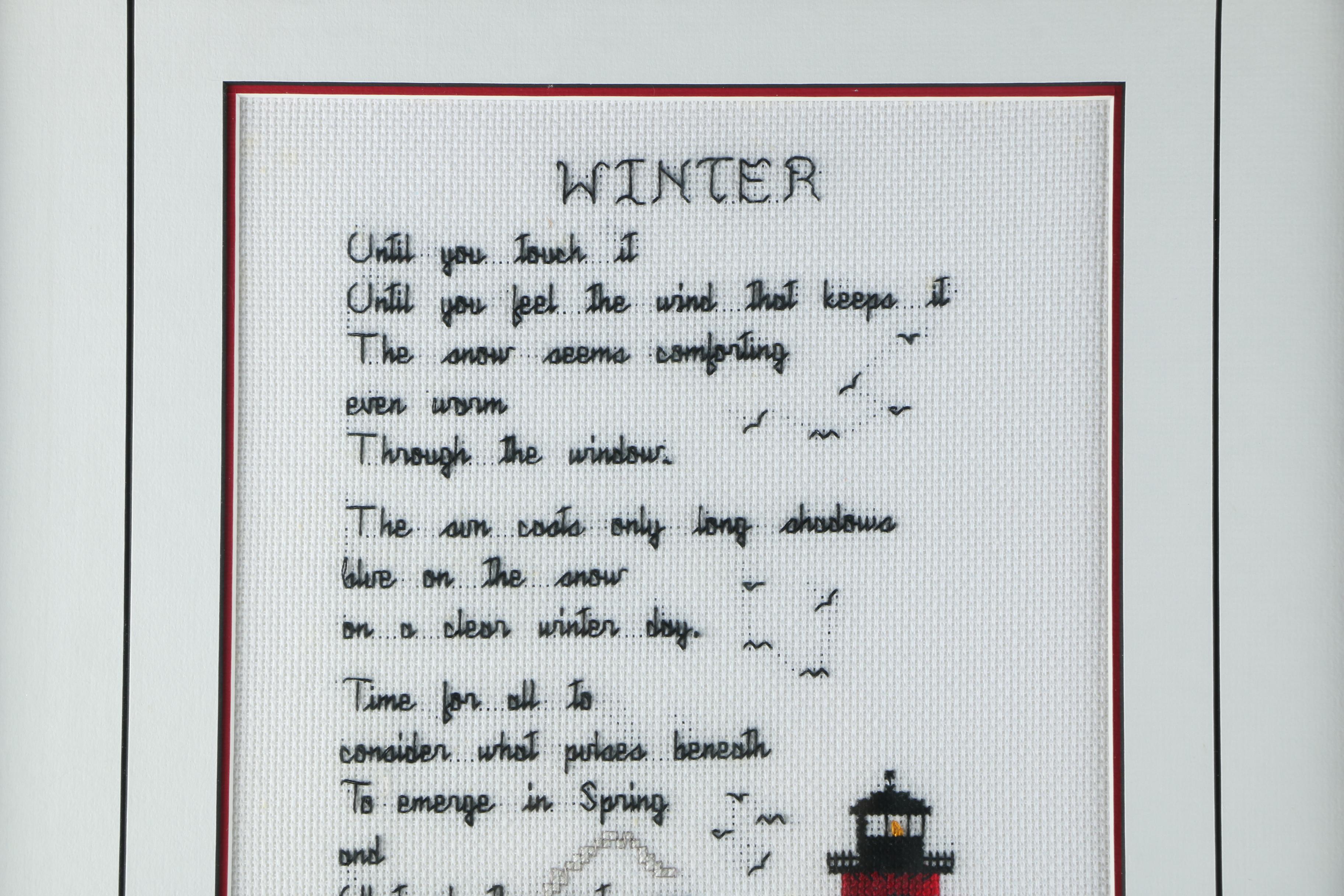Cross Stitch of Lighthouse and "Winter" Poem