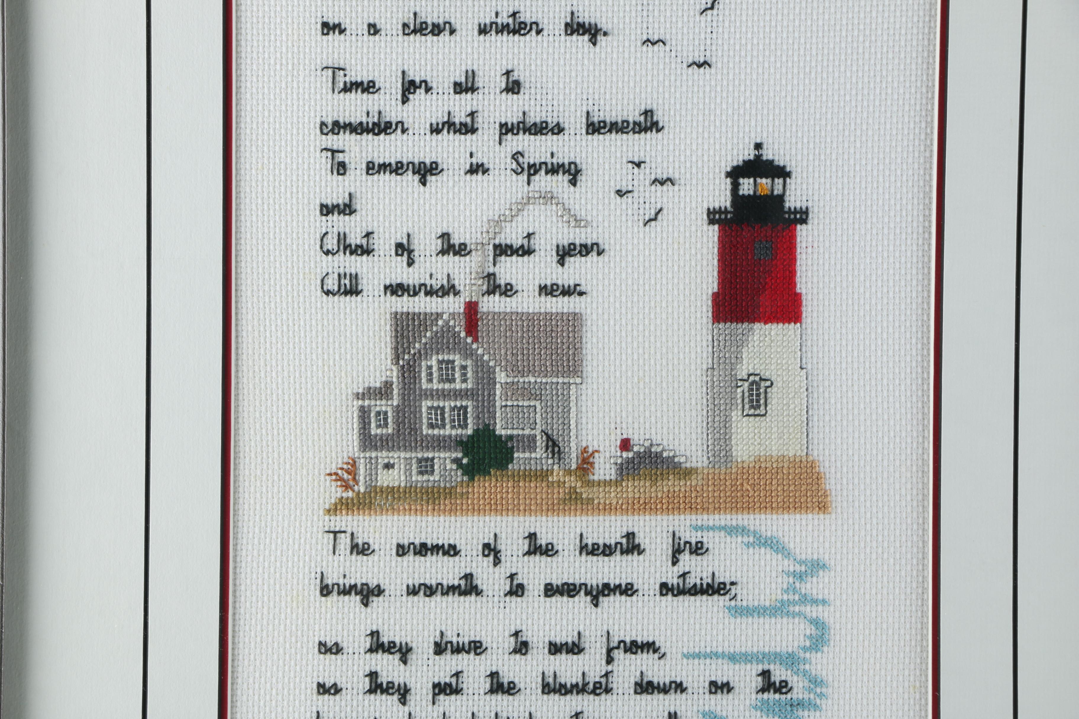 Cross Stitch of Lighthouse and "Winter" Poem