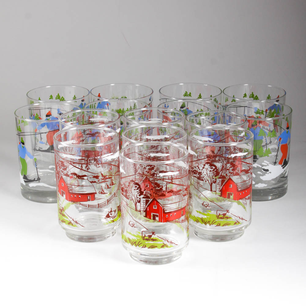 Vintage Drinking Glasses with Painted Scenes