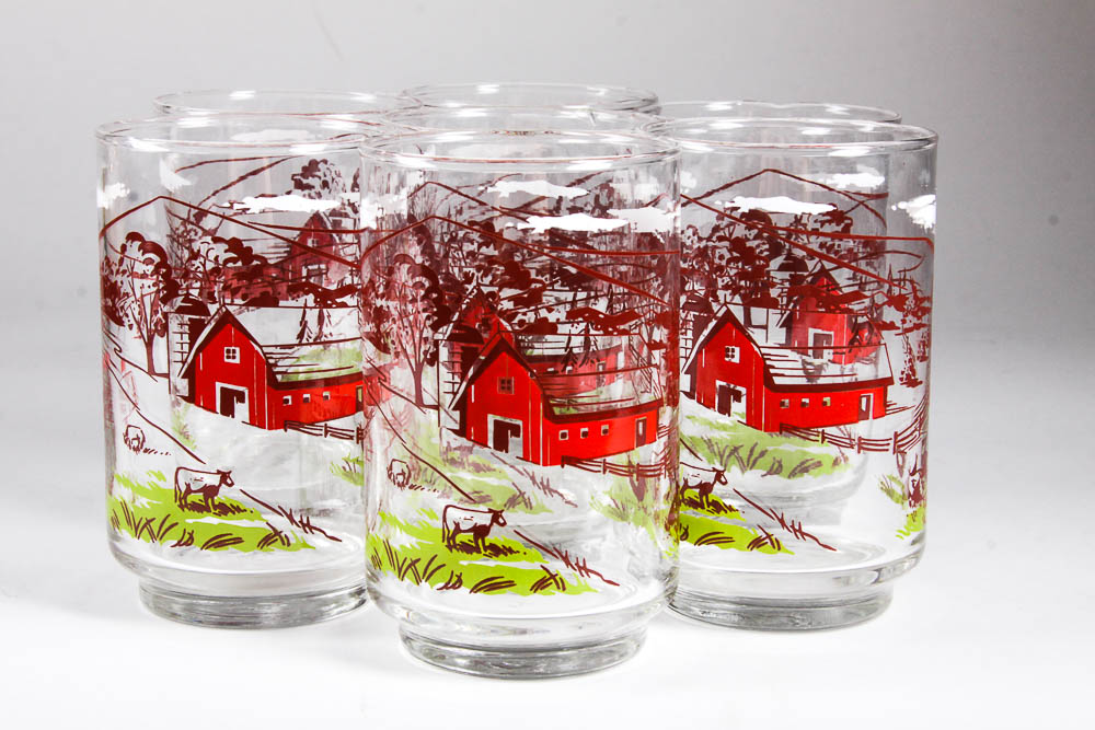 Vintage Drinking Glasses with Painted Scenes