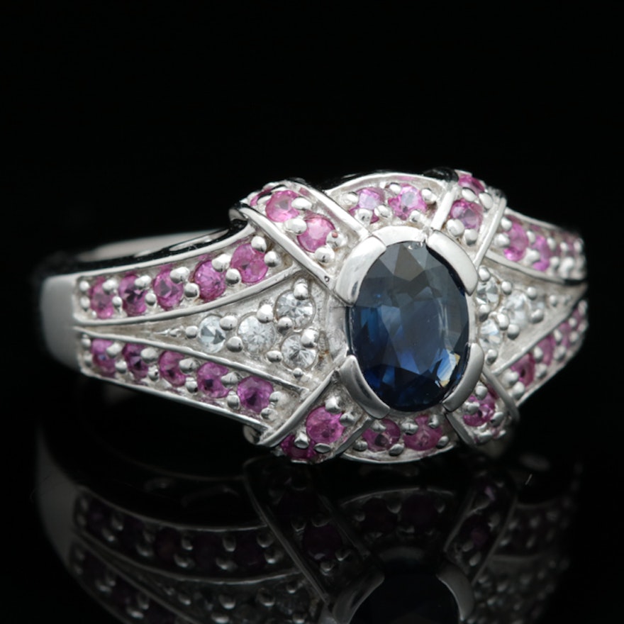 Sterling Silver, Blue Sapphire, White and Pink Zircon Ring