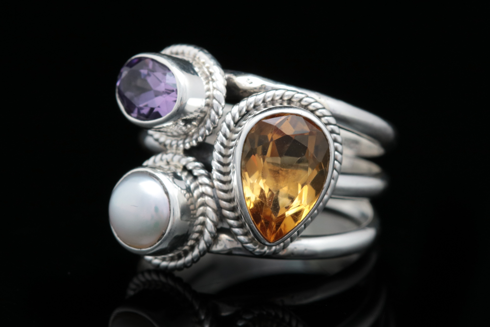 Sterling Silver, Citrine, Amethyst and Pearl Ring