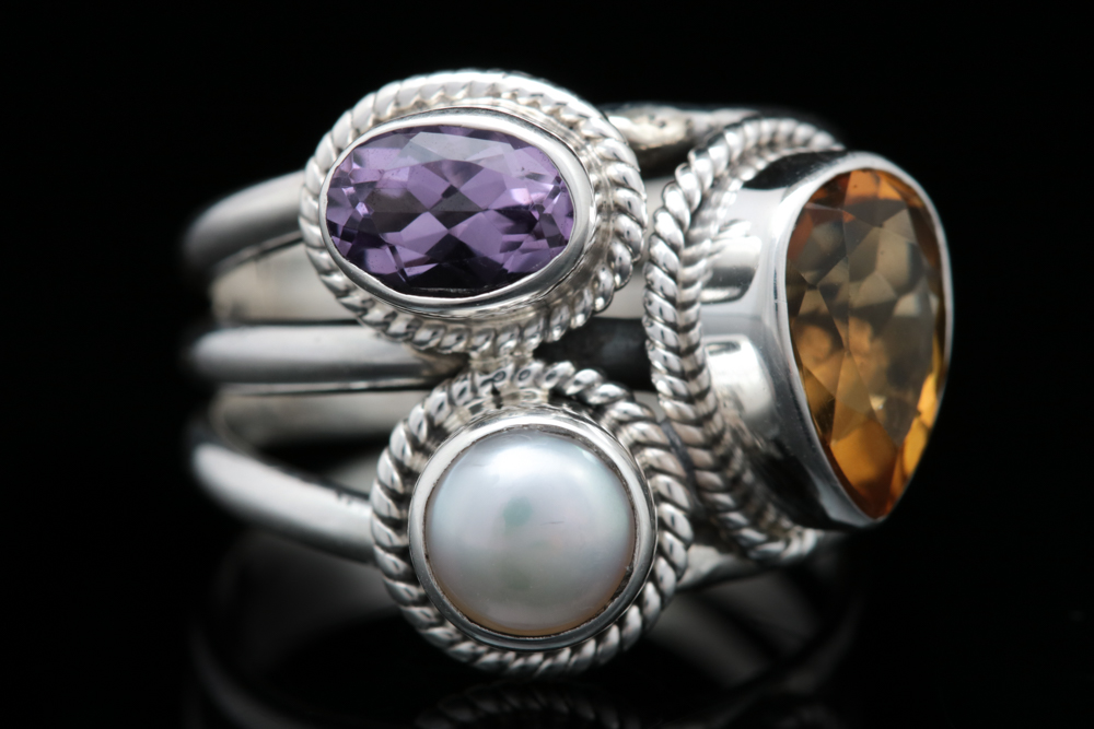 Sterling Silver, Citrine, Amethyst and Pearl Ring