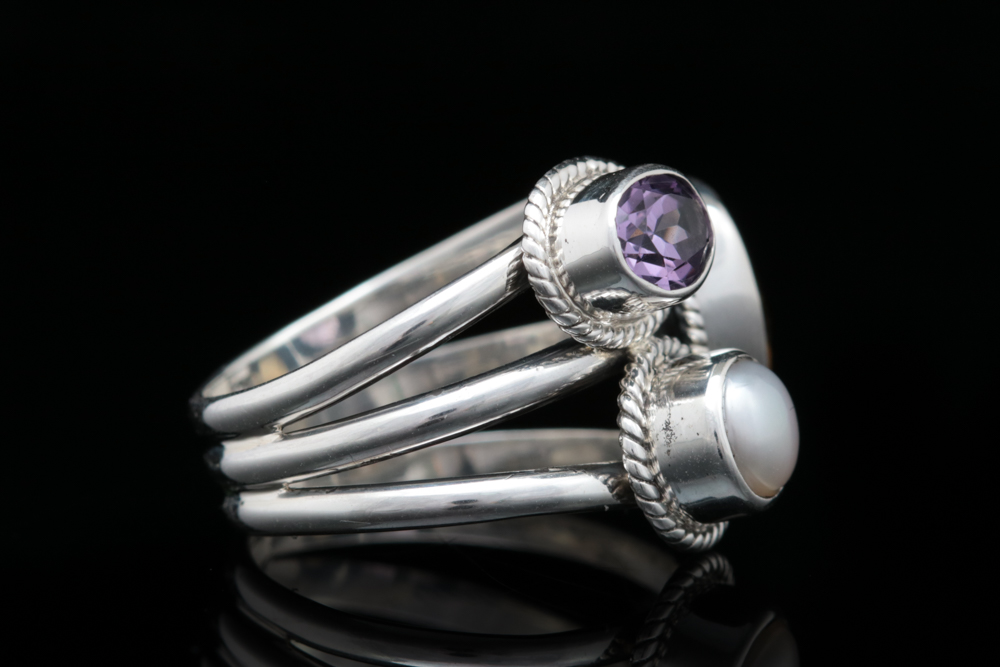 Sterling Silver, Citrine, Amethyst and Pearl Ring