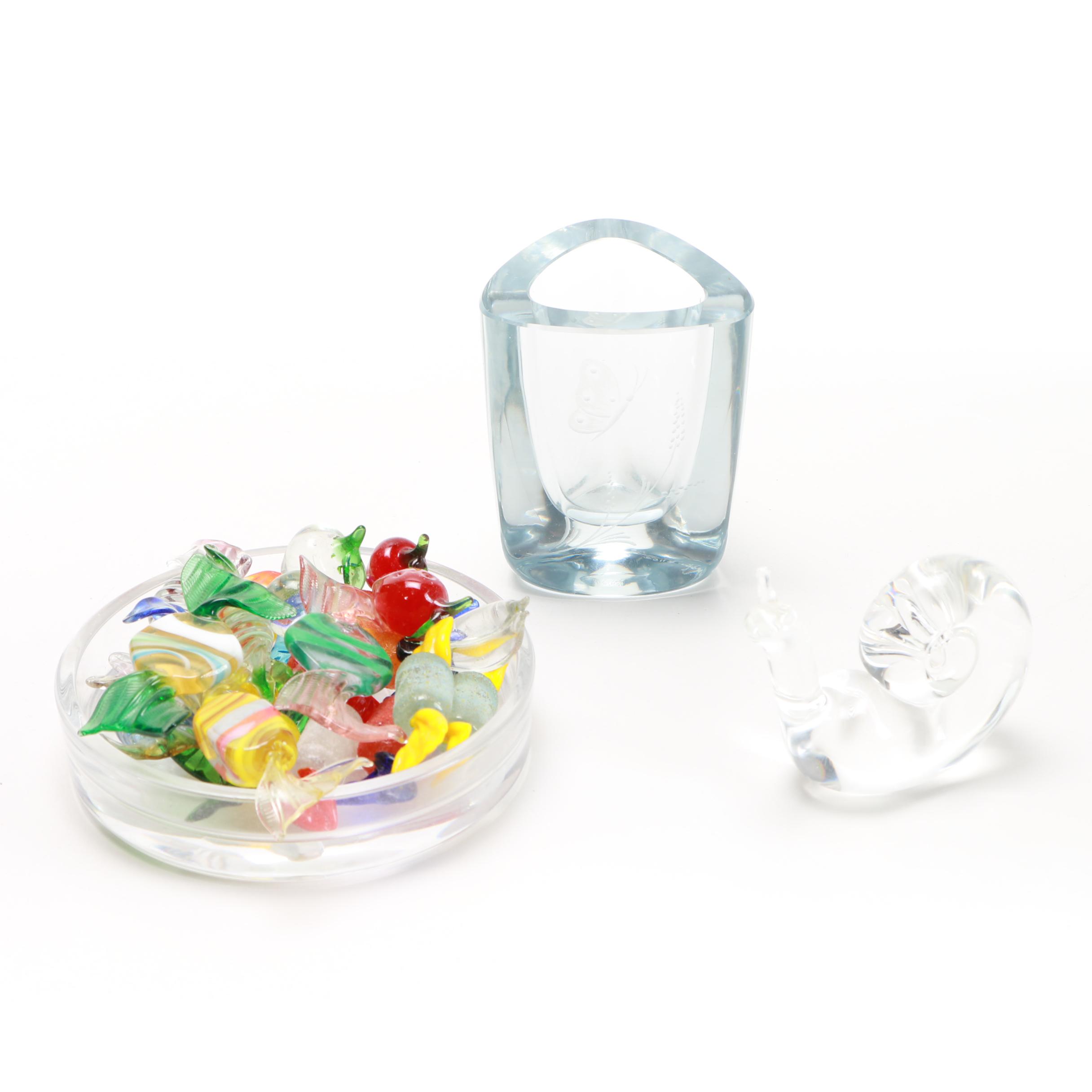 Crystal and Glass Decor Featuring Steuben Snail and Strombergshyttan Vase