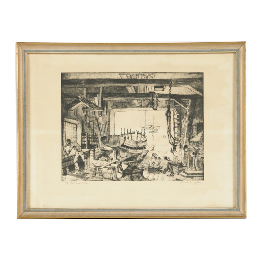Lionel Barrymore Etching on Paper "The Old Boat Works"